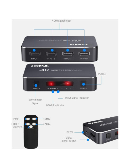 Conmutador HDMI 4 Puertos 4K 60Hz Koopman con Control Remoto
