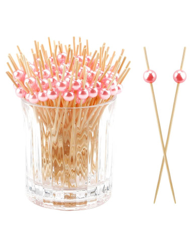 120 Palillos de Cóctel de Bambú Rosa para Aperitivos 11.94 cm