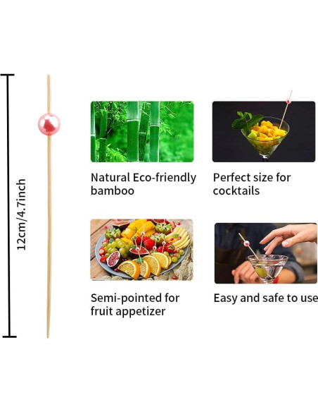 120 Palillos de Cóctel de Bambú Rosa para Aperitivos 11.94 cm