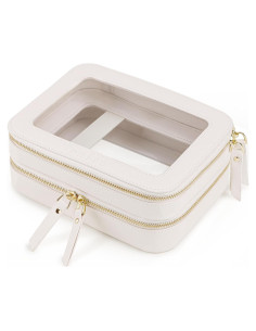 Bolsa de Maquillaje Doble Capa Beige PU Impermeable 20.8x16x8.9cm
