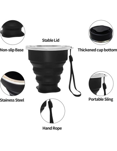 Taza Plegable de Silicona FINDWORLD 200ml Negra para Viajes