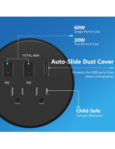 Grommet de Escritorio LIDER PD 65W USB-A y 2 USB-C Negro 2