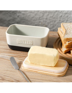 Plato de Mantequilla HVH Cerámica Negra con Tapa de Madera 2