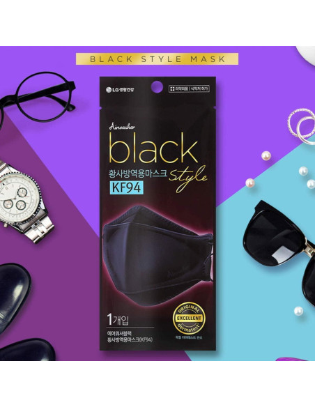 Mascarilla desechable KF94 Airwasher - 10 unidades, negra, 4 capas