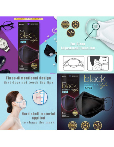 Mascarilla desechable KF94 Airwasher - 10 unidades, negra, 4 capas