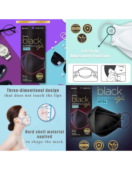 Mascarilla desechable KF94 Airwasher - 10 unidades, negra, 4 capas