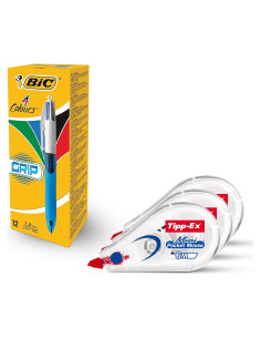 Conjunto de 12 bolígrafos BIC 4 colores y 3 cintas Tipp-Ex