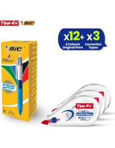 Conjunto de 12 bolígrafos BIC 4 colores y 3 cintas Tipp-Ex 2