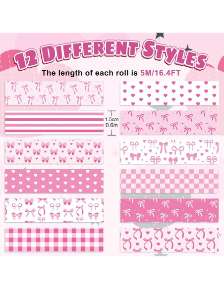 12 Rollos Cinta Washi Rosa FYSUIMU 1.5cm x 5m Decorativa