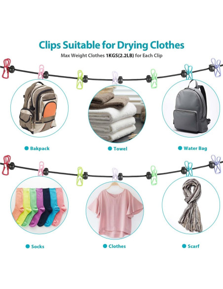 Cuerda de Ropa Retráctil Esteopt 1.8M con 12 Clips Multicolor