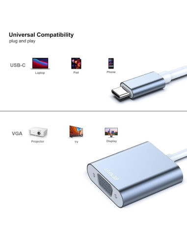 Adaptador BENFEI USB-C a VGA Gris - Compatible con MacBook y iPhone
