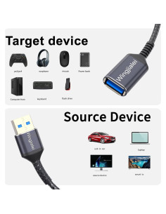 Cable de Extensión USB 3.0 Wingjialei 0.61m Macho a Hembra 2