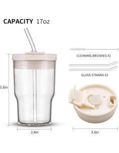 Taza de vidrio con tapa y popote BLUEPOLAR 500ml a prueba de fugas 2