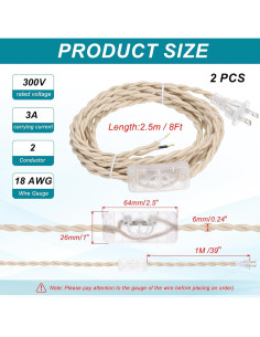 Cable de Lámpara Cubierto de Tela uxcell 2.44m Beige 18AWG 2