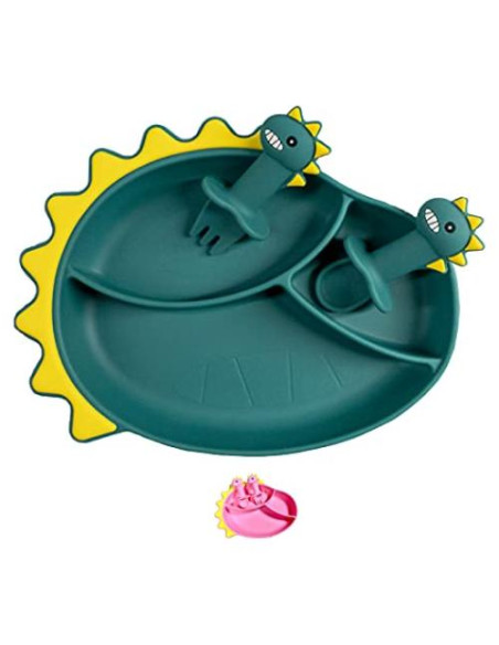 Plato de Succión de Silicona Dinosaurio + Cuchara y Tenedor Plato de Succión de Silicona Dinosaurio + Cuchara y Tenedor