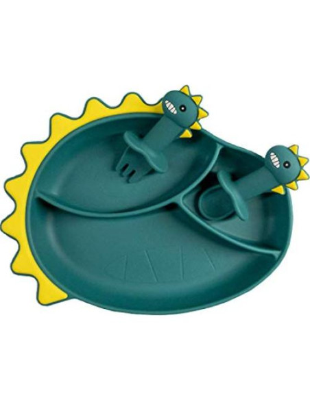 Plato de Succión de Silicona Dinosaurio + Cuchara y Tenedor Plato de Succión de Silicona Dinosaurio + Cuchara y Tenedor