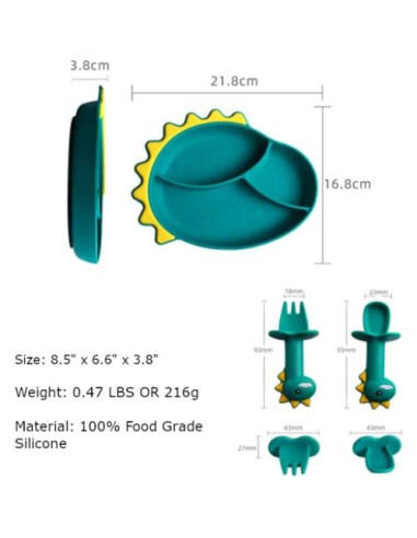 Plato de Succión de Silicona Dinosaurio + Cuchara y Tenedor