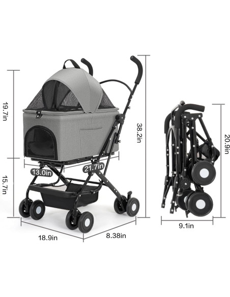 Carrito para Mascotas K ERATISNIK 3 en 1 Plegable Gris