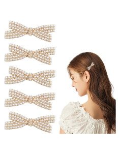 5 Clips de Pelo con Lazo de Perlas Dorados - Aswewamt