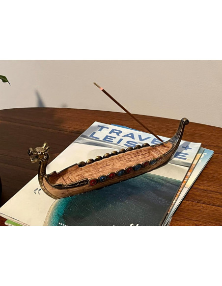 Quemador de Incienso Comeon Barco Dragón 25cm Resina Marrón