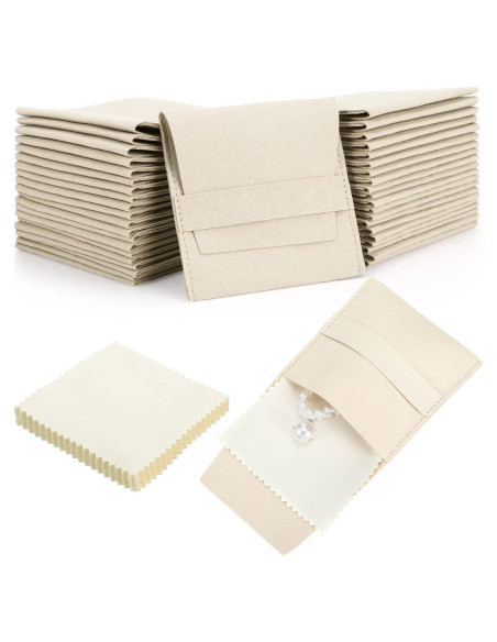 120 Bolsas de Joyería Microfibra Beige 8x8cm con Paños de Limpieza