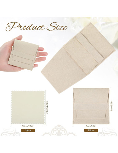120 Bolsas de Joyería Microfibra Beige 8x8cm con Paños de Limpieza