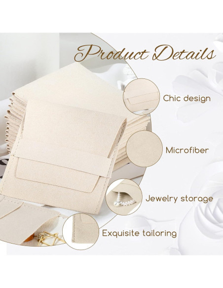 120 Bolsas de Joyería Microfibra Beige 8x8cm con Paños de Limpieza