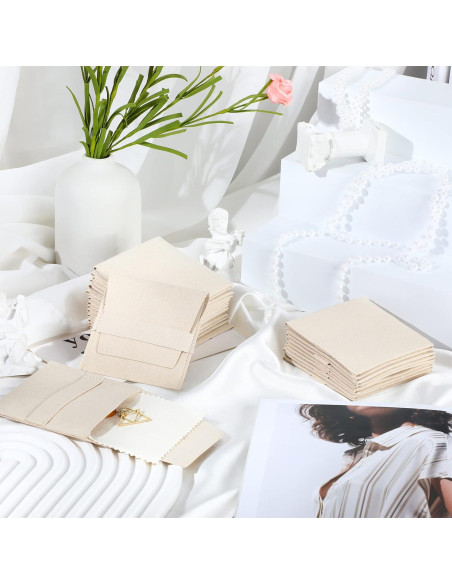 120 Bolsas de Joyería Microfibra Beige 8x8cm con Paños de Limpieza