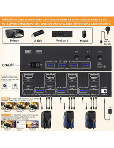 Conmutador KVM 8K 3 Monitores 3 Computadoras KCEVE HDMI DP 2