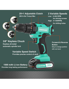 Taladro Inalámbrico COMOWARE 20V 2 Velocidades 266 Nm 2