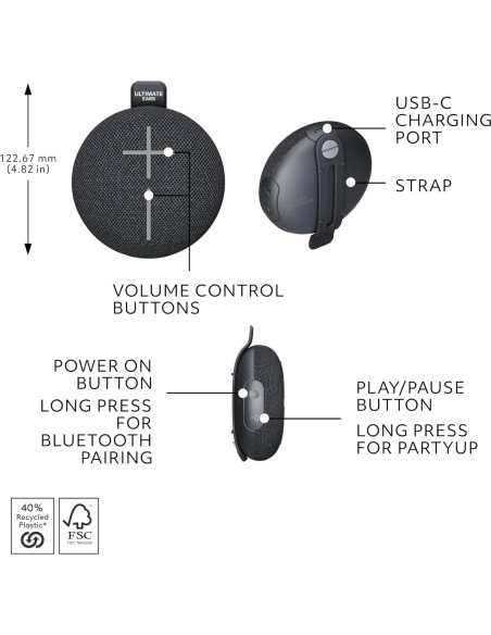 Altavoz Bluetooth Ultimate Ears MINIROLL Impermeable 12h Negro