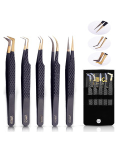 Juego de 5 Pinzas de Acero Japonés para Pestañas - Estuche