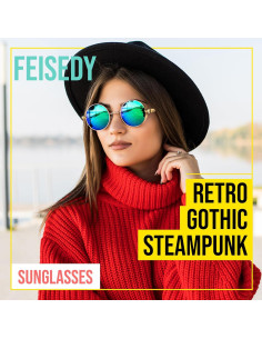 Gafas de Sol Retro Steampunk FEISEDY Oro Espejo Verde 48mm 2