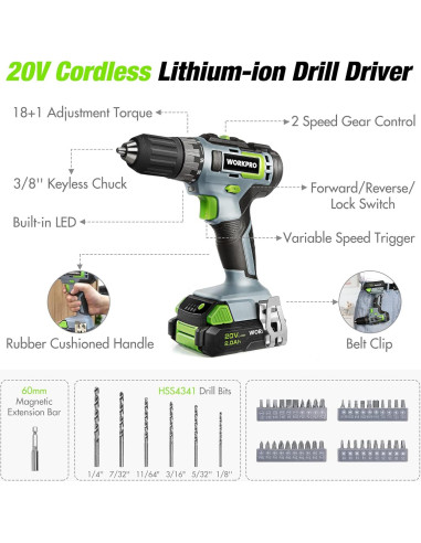 Conjunto de Herramientas Workpro 157 Piezas con Taladro 20V