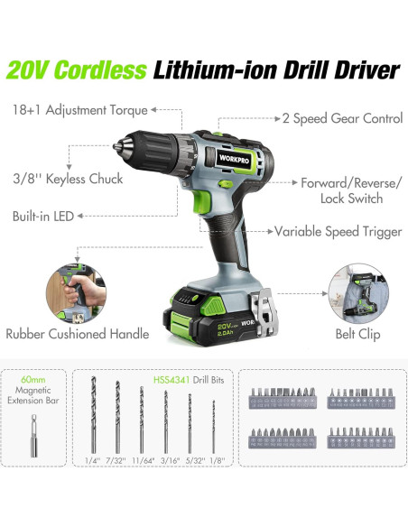 Conjunto de Herramientas Workpro 157 Piezas con Taladro 20V