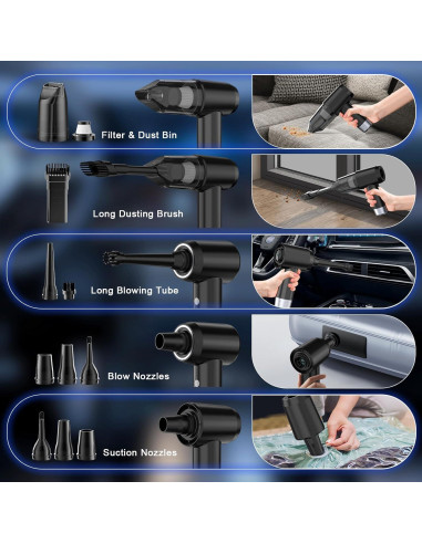 Aspiradora Portátil Inalámbrica Ehoyal 12000Pa 6 en 1 Negra