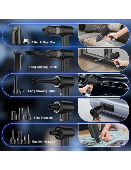 Aspiradora Portátil Inalámbrica Ehoyal 12000Pa 6 en 1 Negra