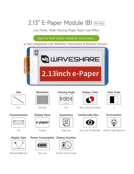 Módulo Pantalla E-Paper 2.13" Waveshare para Raspberry Pi Pico Módulo Pantalla E-Paper 2.13" Waveshare para Raspberry Pi Pico