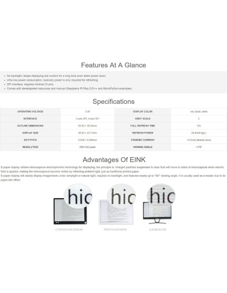 Módulo Pantalla E-Paper 2.13" Waveshare para Raspberry Pi Pico Módulo Pantalla E-Paper 2.13" Waveshare para Raspberry Pi Pico
