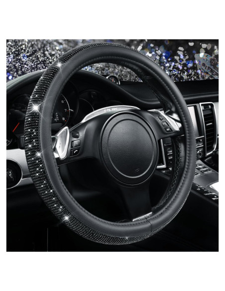 Funda de Volante de Cuero CAR PASS con Diamantes Negros 36-38 cm