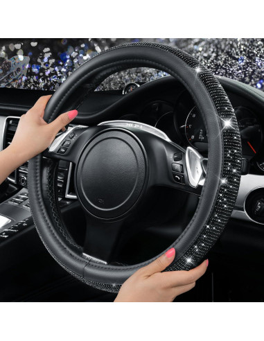 Funda de Volante de Cuero CAR PASS con Diamantes Negros 36-38 cm