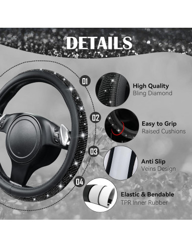 Funda de Volante de Cuero CAR PASS con Diamantes Negros 36-38 cm