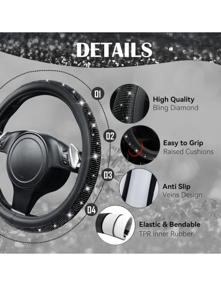 Funda de Volante de Cuero CAR PASS con Diamantes Negros 36-38 cm