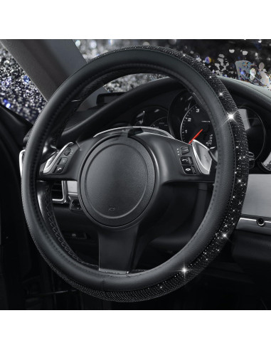 Funda de Volante de Cuero CAR PASS con Diamantes Negros 36-38 cm