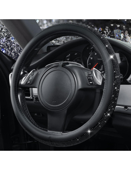 Funda de Volante de Cuero CAR PASS con Diamantes Negros 36-38 cm