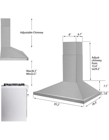 Campana Extractora de Pared Tieasy 91 cm Acero Inoxidable 450 CFM