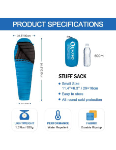 Saco de dormir momia QEZER 600FP ultraligero 215.7x80cm 2