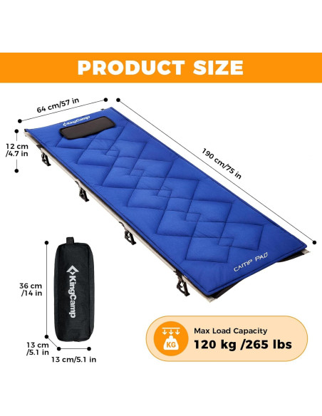 Cama de Camping Plegable KingCamp 120kg con Almohadilla Negra