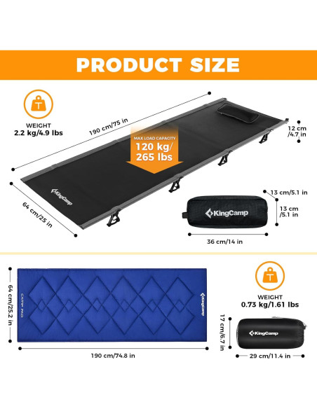 Cama de Camping Plegable KingCamp 120kg con Almohadilla Negra