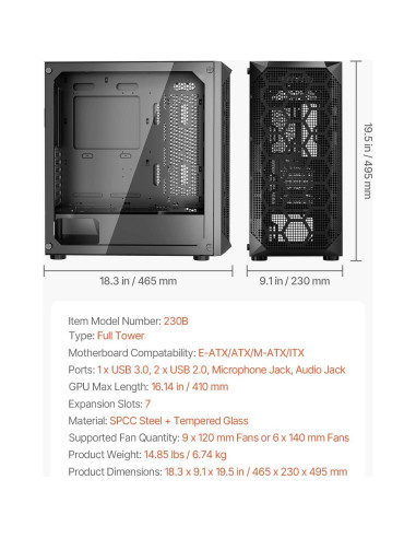 Caja de Juegos para PC VEVOR Torre Completa 3 Ventiladores PWM